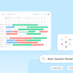 Hostex property management calendar interface and a Google search bar for the best vacation rental software.