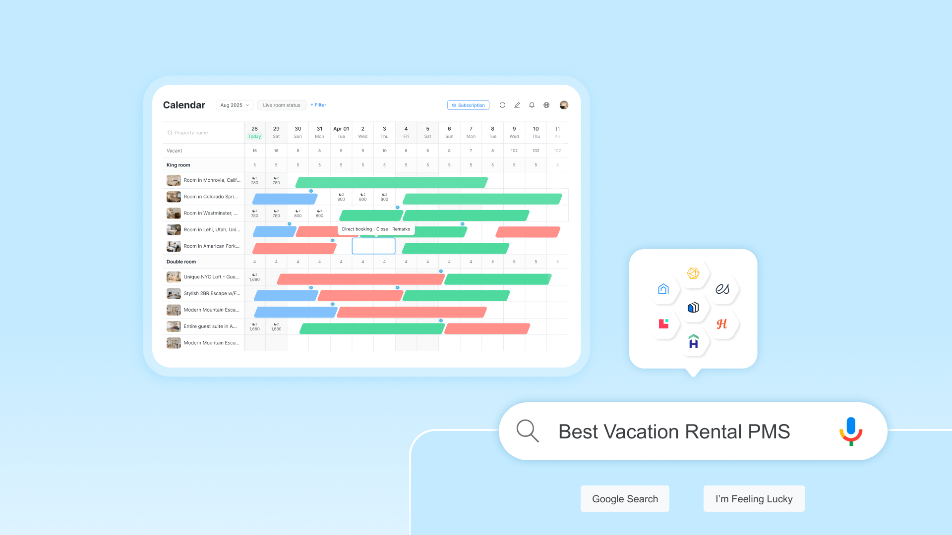 Hostex property management calendar interface and a Google search bar for the best vacation rental software.