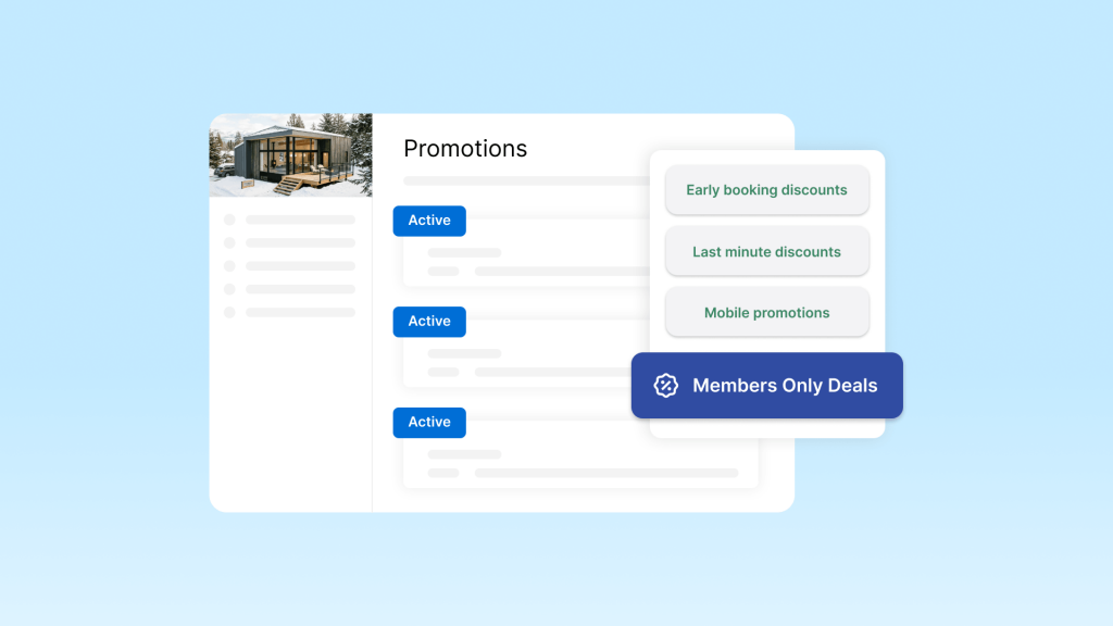 Conceptual illustration for Vrbo promotions guide, showing host promotion elements like mobile discounts, early booking discounts, and Members Only Deals.