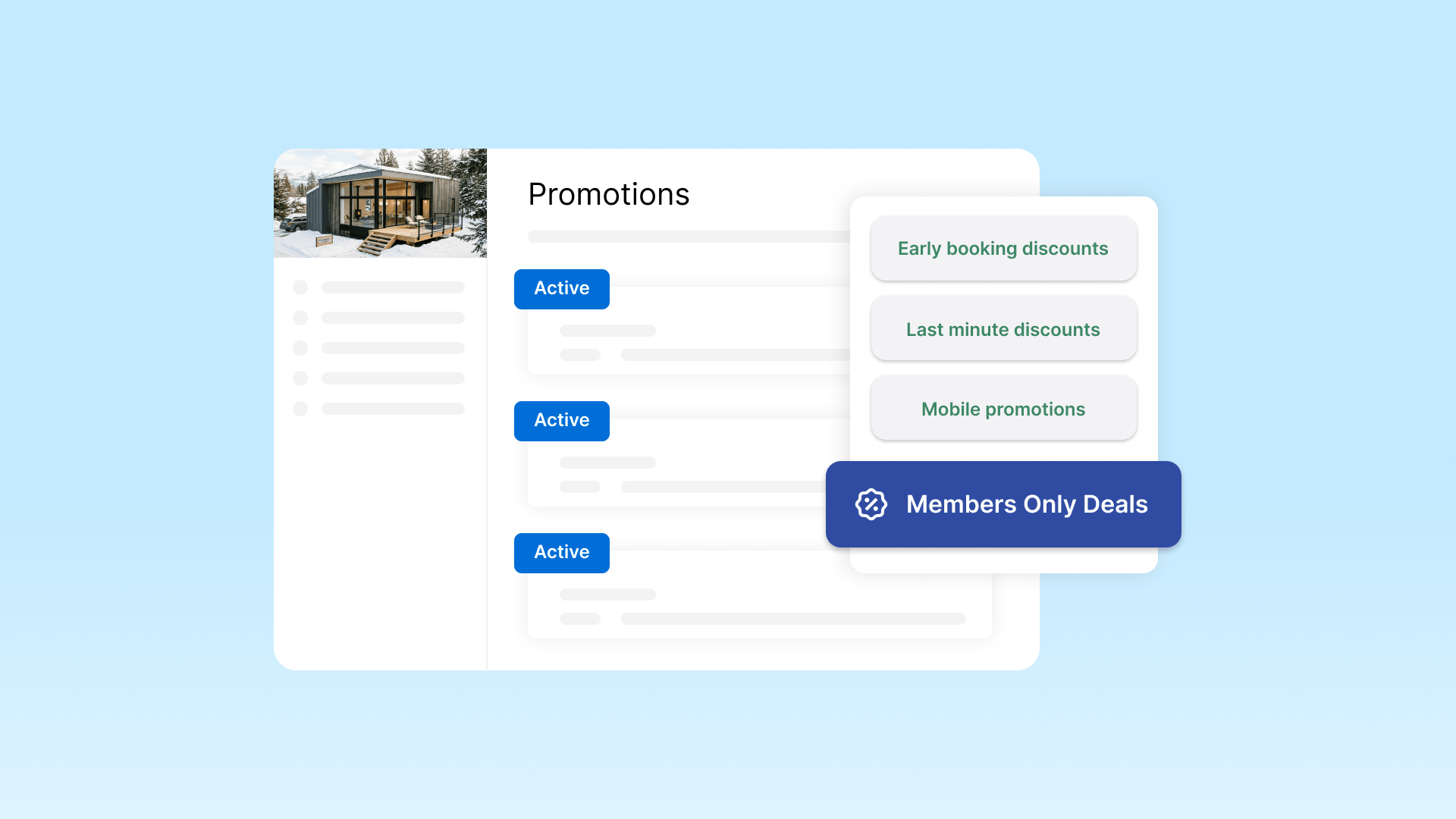 Conceptual illustration for Vrbo promotions guide, showing host promotion elements like mobile discounts, early booking discounts, and Members Only Deals.