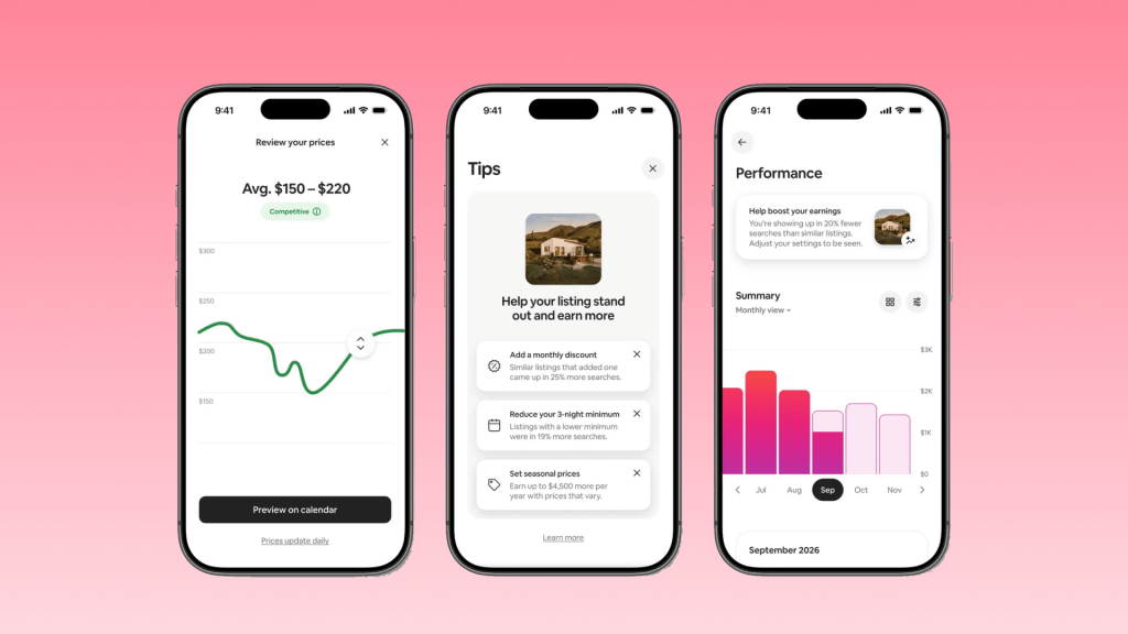 Several screenshots from the Airbnb host app, illustrating some of the new features in the Airbnb 2026 Fall Update.