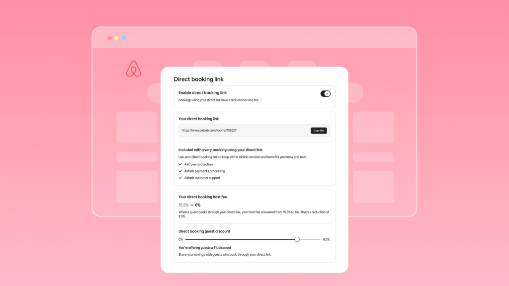 A screenshot of the host-side settings for Airbnb's direct booking link, showing the benefits hosts enjoy from using it, the reduction in host fees, and how to set discounts for guests.