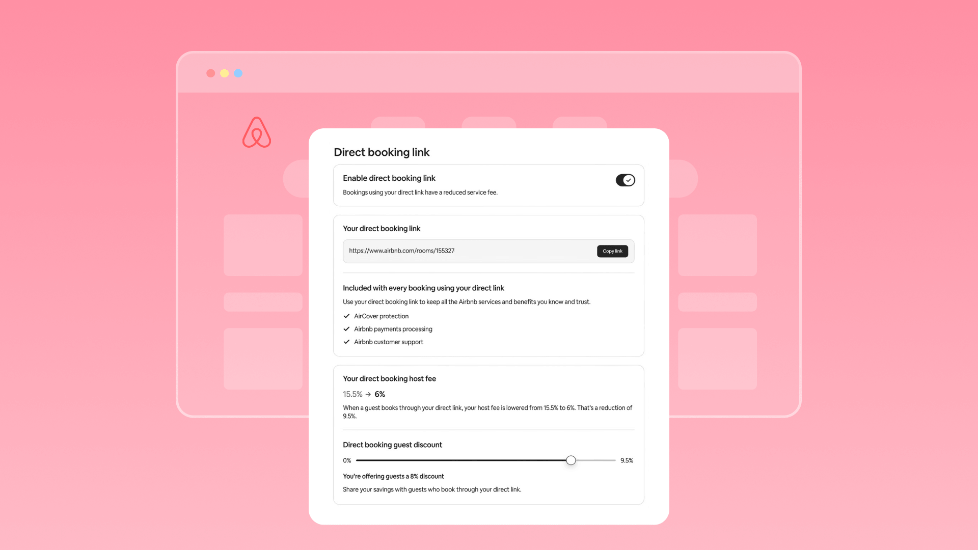 A screenshot of the host-side settings for Airbnb's direct booking link, showing the benefits hosts enjoy from using it, the reduction in host fees, and how to set discounts for guests.
