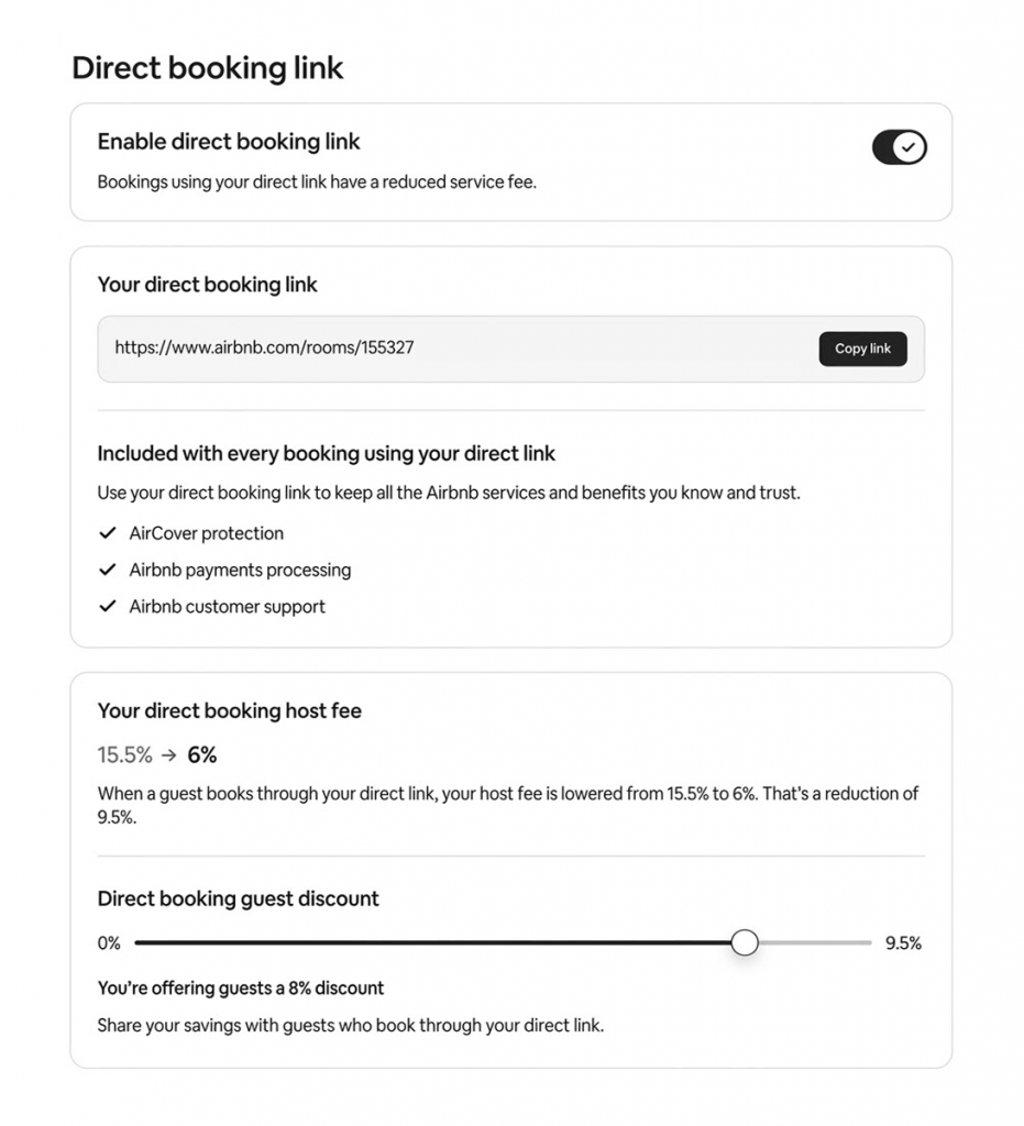 A screenshot of the host-side settings for Airbnb's direct booking link, showing the benefits hosts enjoy from using it, the reduction in host fees, and how to set discounts for guests.