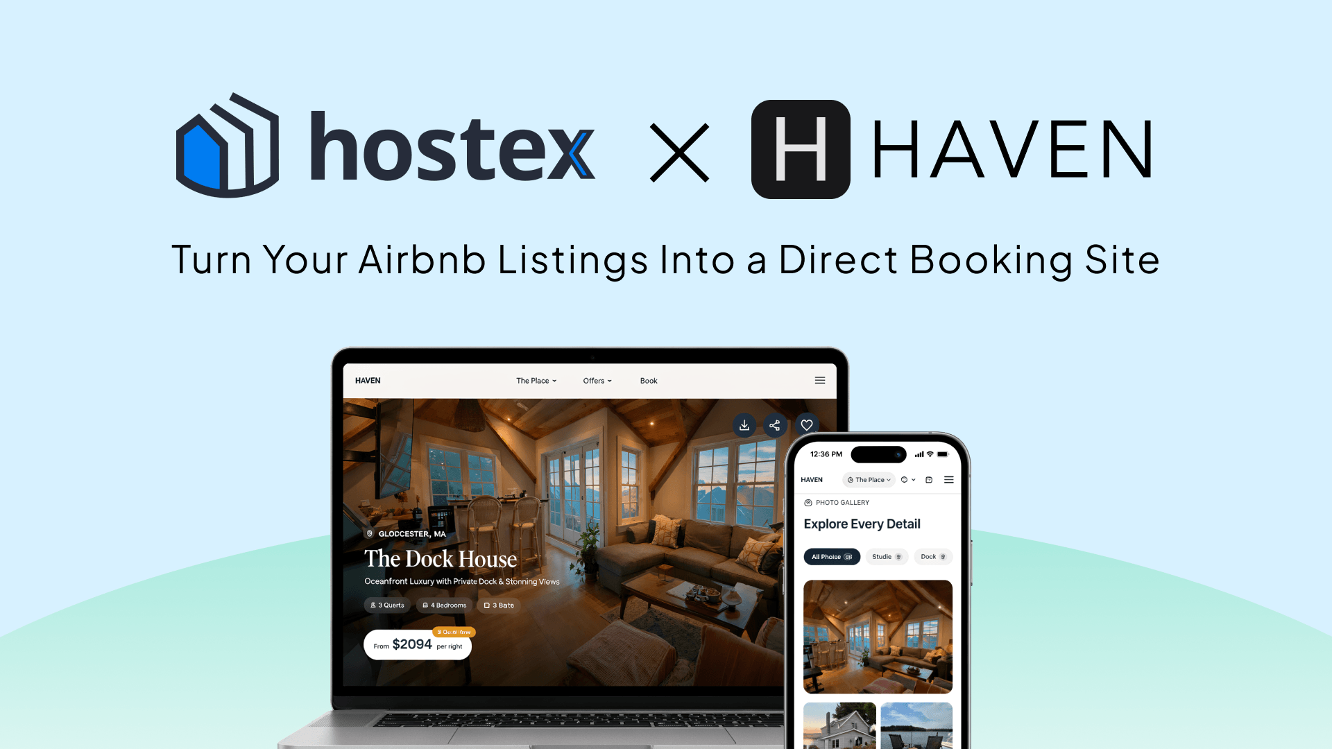 Displaying the logos of Hostex and Booking with Haven, indicating that the two apps are now integrated, allowing your Hostex listings to generate a direct booking website.