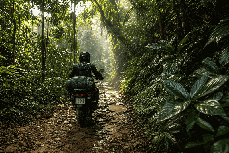 Berkendara motor petualangan menembus hutan