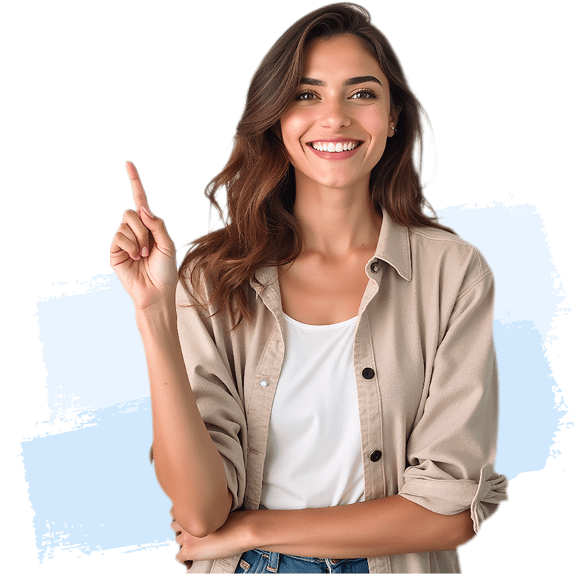 Happy woman pointing up